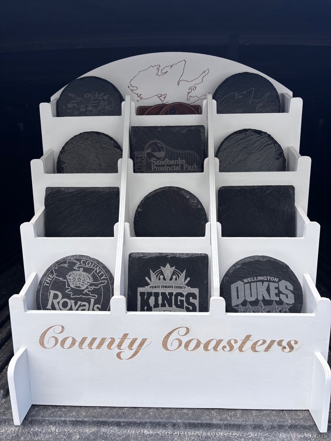 County Coaster display with custom team coasters