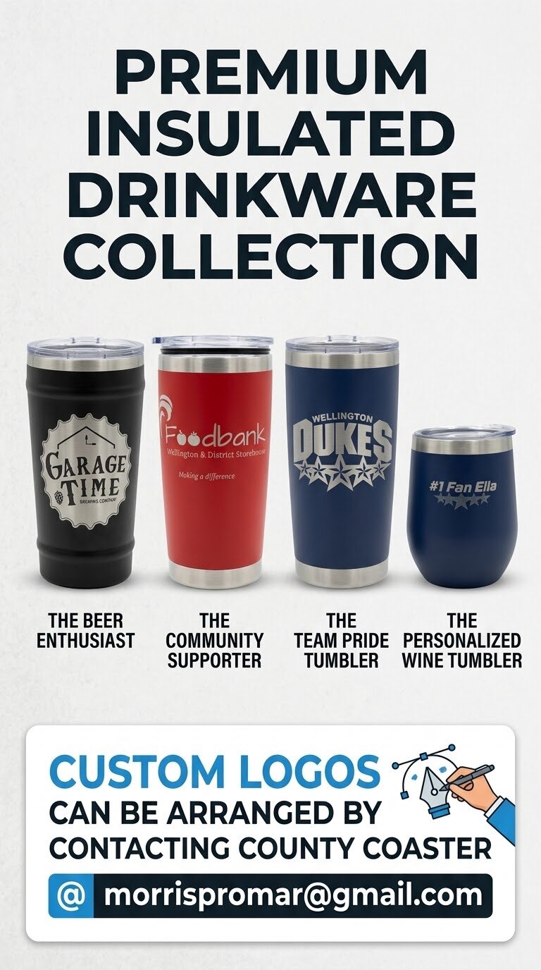 Premium insulated drinkware collection poster with four custom engraved tumblers